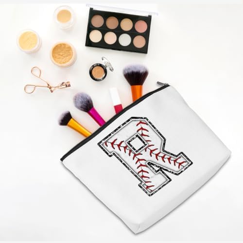 Baseball Gifts Initial Makeup Bag Monogrammed Cosmetic Bag Letter R Zipper Pouch Baseball Accessories for Girls Women Baseball Player Coach Friend Baseball Stuff Graduation Birthday Gifts - Image 3