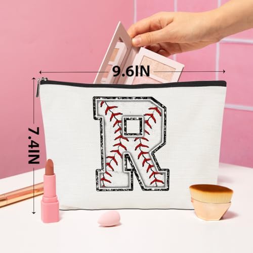 Baseball Gifts Initial Makeup Bag Monogrammed Cosmetic Bag Letter R Zipper Pouch Baseball Accessories for Girls Women Baseball Player Coach Friend Baseball Stuff Graduation Birthday Gifts - Image 4