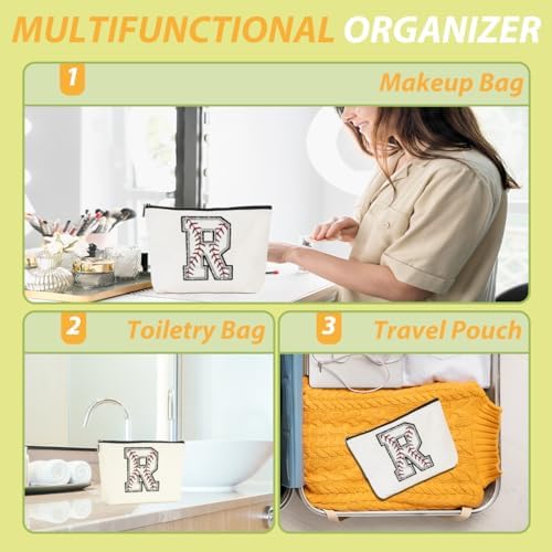 Baseball Gifts Initial Makeup Bag Monogrammed Cosmetic Bag Letter R Zipper Pouch Baseball Accessories for Girls Women Baseball Player Coach Friend Baseball Stuff Graduation Birthday Gifts - Image 5