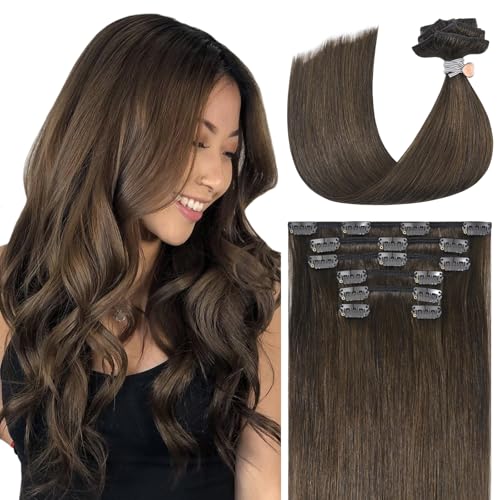 Ukira Medium Brown Hair Extensions Clip in Real Human Hair, 15 Inch 70g 7pcs Clip in Hair Extensions Real Human Hair, Ntural Straight Remy Human Hair Extensions Clip ins for Women