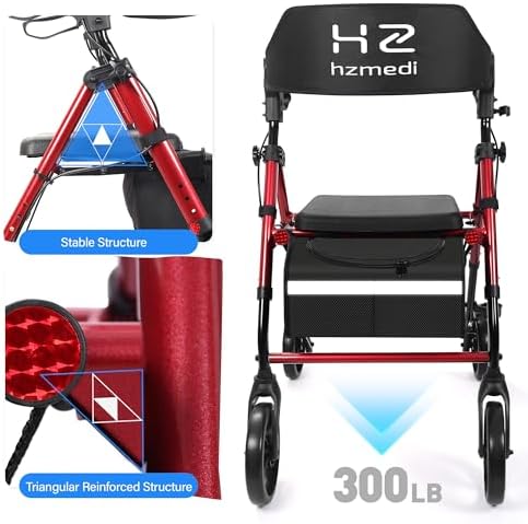 Walkers for Seniors with Seat, Foldable Rolling Walker with Durable Aluminum, Dual Adjustable Height Rolling Walker, 8" Wheels for Adults, All Terrain rollator| Jujube Red - Image 2