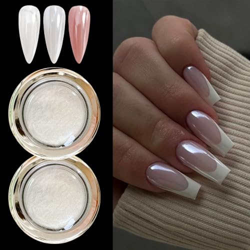 2Pcs White Chrome Nail Powder, Pearl Nail Chrome Powder Magic Clear Mirror Effect Nail Glitter White Shimmer Pigment Dust for Nails Art Design - Image 4