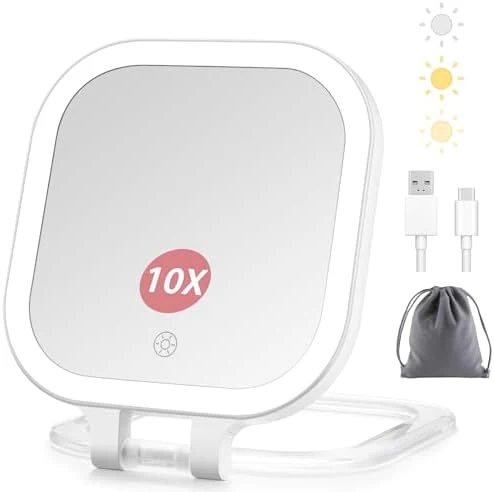 DESCHEN Rechargeable Travel Makeup Vanity Mirror with Lights and Magnification, Portable 1X/10X Magnifying Mirror with 3 Color Light, Lighted Makeup Mirror with Magnification, Folding LED Desk Mirror