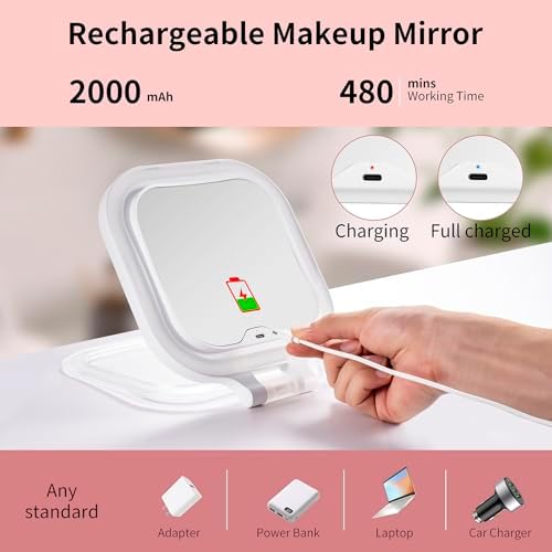 DESCHEN Rechargeable Travel Makeup Vanity Mirror with Lights and Magnification, Portable 1X/10X Magnifying Mirror with 3 Color Light, Lighted Makeup Mirror with Magnification, Folding LED Desk Mirror - Image 4