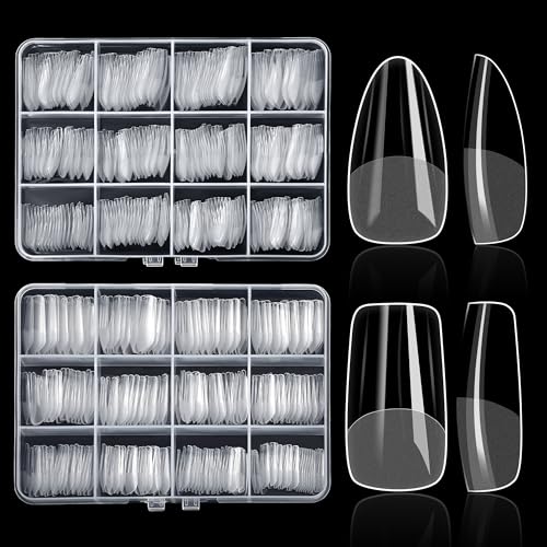 480PCS Nail Tips Clear False Nails Full Cover for Acrylic Fake Nails Kit 12 Sizes 2 Shapes Long Almond Square Pre-Shape for Salon Home DIY Gifts