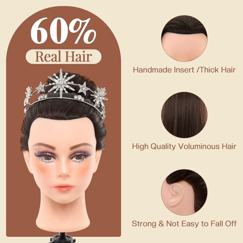 28Inch 60% Real Hair Makeup Mannequin Head, Cosmetology Mannequin Head with Hair for Makeup Braiding Curling Cuting,Makeup Doll Head for Hair Styling with Table Clamp Hair Styling Set(Dark Brown) - Image 2