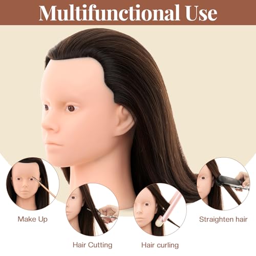28Inch 60% Real Hair Makeup Mannequin Head, Cosmetology Mannequin Head with Hair for Makeup Braiding Curling Cuting,Makeup Doll Head for Hair Styling with Table Clamp Hair Styling Set(Dark Brown) - Image 3