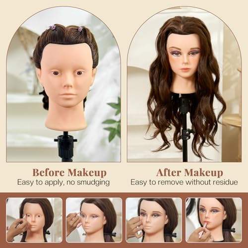 28Inch 60% Real Hair Makeup Mannequin Head, Cosmetology Mannequin Head with Hair for Makeup Braiding Curling Cuting,Makeup Doll Head for Hair Styling with Table Clamp Hair Styling Set(Dark Brown) - Image 4
