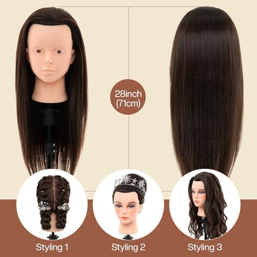 28Inch 60% Real Hair Makeup Mannequin Head, Cosmetology Mannequin Head with Hair for Makeup Braiding Curling Cuting,Makeup Doll Head for Hair Styling with Table Clamp Hair Styling Set(Dark Brown) - Image 5