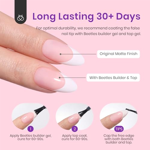 Beetles French Gel Nail Tips -White French Tip Press on Nails Medium Almond Pre-applied Tip Primer & Base Coat, No Need to File Fake Nails Pink Valentine's Day Gift for Women - Image 4