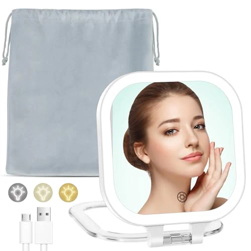 FASCINATE 10X Magnification Rechargeable Travel Makeup Mirror, Lighted Portable Vanity Mirror with 3 Colors Lighting & Stepless Dimming, Double Sided LED Mirror, Gift for Women (White+Bag) - Image 8