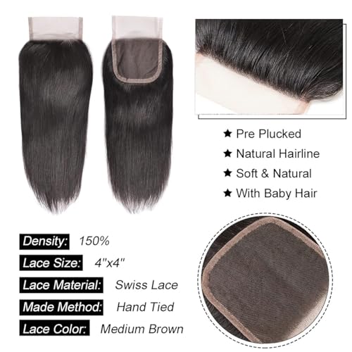 Liang Dian 16 Inch Human Hair Bundles Natural Color 4 Bundles With 14" Closure 12A Brazilian Virgin Hair 100% Unprocessed Straight Human Hair Bundles(16" 16" 16" 16" with 14" Closure) - Image 5