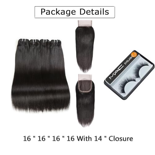 Liang Dian 16 Inch Human Hair Bundles Natural Color 4 Bundles With 14" Closure 12A Brazilian Virgin Hair 100% Unprocessed Straight Human Hair Bundles(16" 16" 16" 16" with 14" Closure) - Image 7