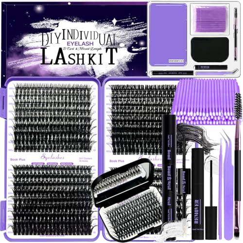 DIY Lash Extension Kit 804Pcs D Curl Individual Lash Clusters Eyelashes Extension Set with Mirror Lash Storage Box Lash Bond&Seal Glue Remover Tweezers Lash Brush Applicator