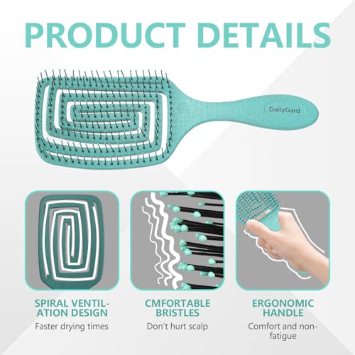Detangling Brush, Dry and Wet Vented Detangler Hair Brush for Women and Men, Professional Paddle Curved Styling Hairbrush with 4 Randomly Coloured Hair Clips(Black, Pink or Green), Green - Image 6