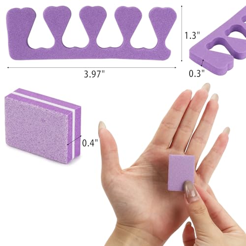 102pcs Toe Separators Set - Premium Pedicure Tool Super Soft Pedicure Toe Separator- Mini Nail Buffer Block File 80/100 Grit 2 Sided, Purple - Image 2