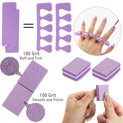 102pcs Toe Separators Set - Premium Pedicure Tool Super Soft Pedicure Toe Separator- Mini Nail Buffer Block File 80/100 Grit 2 Sided, Purple - Image 3