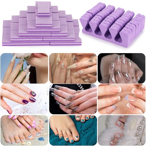 102pcs Toe Separators Set - Premium Pedicure Tool Super Soft Pedicure Toe Separator- Mini Nail Buffer Block File 80/100 Grit 2 Sided, Purple - Image 5
