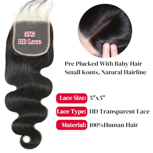 12A Human Hair Bundles 3 Bundles With Closure Body Wave Bundles Human Hair 100% Unprocessed Brazilian Virgin Hair Bundles Human Hair Extensions Quick Weave Bundles Human Hair Natural Black 24 26 28+22 - Image 4