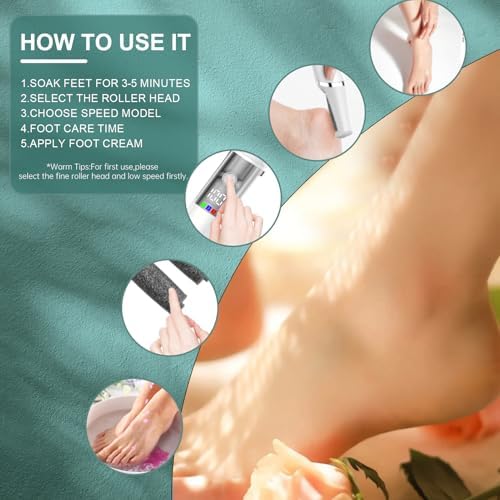 Electric Foot Callus Remover, Rechargeable Electronic Foot File Foot Scrubber Pedicure Kits, Professional Pedicure Tools Smooth Pedicure Wand, Foot Care for Dead Skin Ideal Gift, 3 Rollers,3 Speeds - Image 5
