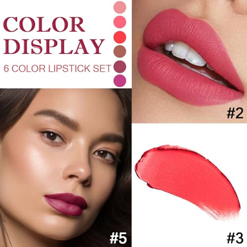 6 Pcs Nude Pink Red Purple Brown Lipstick Matte Sets,Light to Dark Velvet Lipstick for Women Long Lasting Waterproof 24 Hours Lip Stick Lip Stain Makeup Gift Sets,labiales mate 24 horas originales - Image 3