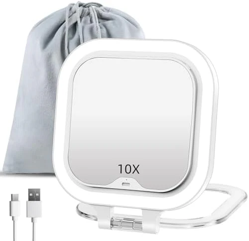 FUNTOUCH Compact Travel Lighted Makeup Mirror, Rechargeable Double-Sided 1X10X Magnification Mirror with 3 Lights, Handheld Tabletop Portable Hanginig Mirror with Bag, Dimmable Touch Screen
