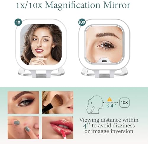 FUNTOUCH Compact Travel Lighted Makeup Mirror, Rechargeable Double-Sided 1X10X Magnification Mirror with 3 Lights, Handheld Tabletop Portable Hanginig Mirror with Bag, Dimmable Touch Screen - Image 3