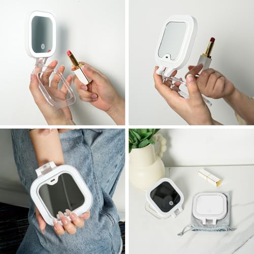 FUNTOUCH Compact Travel Lighted Makeup Mirror, Rechargeable Double-Sided 1X10X Magnification Mirror with 3 Lights, Handheld Tabletop Portable Hanginig Mirror with Bag, Dimmable Touch Screen - Image 7