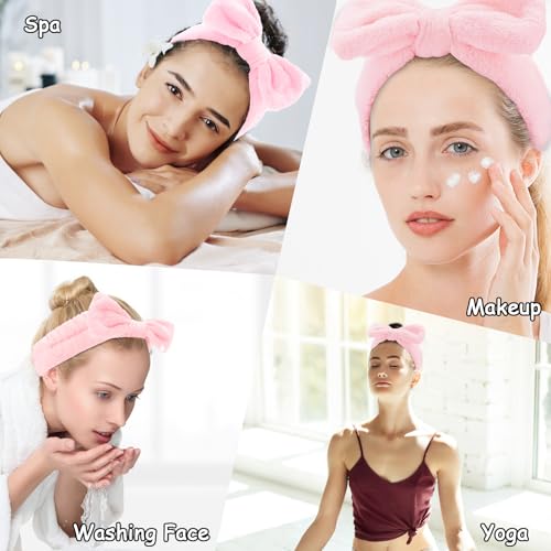 Casoty 12 Pcs Pink Spa Headbands, Makeup Headbands for Women, Soft Coral Fleece Headbands for Makeup, Bow Hair Band for Face Washing Shower Skin Care Yoga - Image 3
