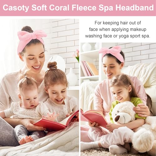 Casoty 12 Pcs Pink Spa Headbands, Makeup Headbands for Women, Soft Coral Fleece Headbands for Makeup, Bow Hair Band for Face Washing Shower Skin Care Yoga - Image 4