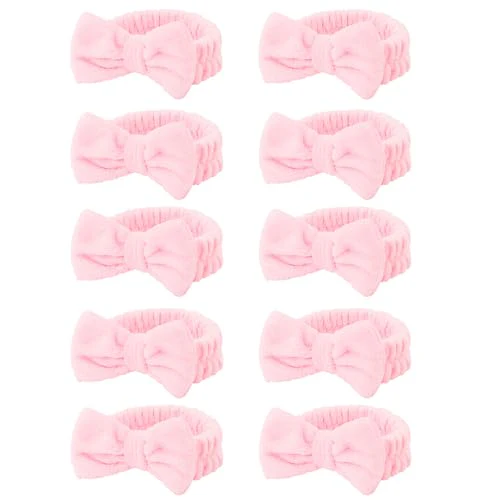 10 Pcs Pink Makeup Headbands, Hair Band for Washing Face, Soft Coral Fleece Makeup Headband for Girls, Bow Hair Bands, Beauty Headbands for Face Washing Shower Skin Care Yoga