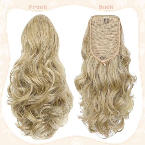 FELENDY 15" Ponytail Extension Drawstring Curly Wavy Ponytail Extensions Clip in Long Pony Tails Hair Cute Synthetic Piece for Women Light Blonde Mix Bleach Blonde - Image 2
