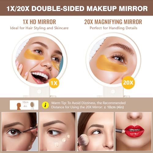 1X/20X Magnifying Mirror with Light, Double Sided Makeup Mirror with Adjustable Folding Handle, 2000mAh Rechargeable Vanity Mirror with Tweezer, Portable Tabletop Mirror for Travel Home - Image 2