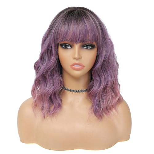 MINLEE Ombre Purple Wig with Bangs for Women 14 Inch Short Bob Wavy Curly Wig Purple Hair Wigs Heat Resistant Synthetic Wigs