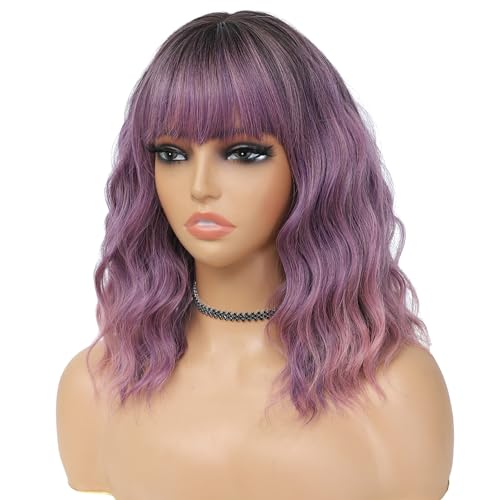 MINLEE Ombre Purple Wig with Bangs for Women 14 Inch Short Bob Wavy Curly Wig Purple Hair Wigs Heat Resistant Synthetic Wigs - Image 2