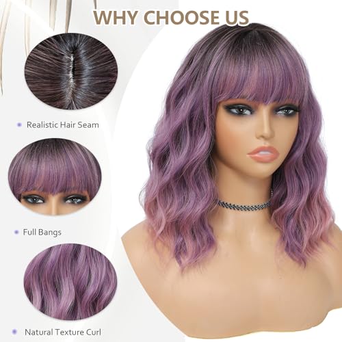 MINLEE Ombre Purple Wig with Bangs for Women 14 Inch Short Bob Wavy Curly Wig Purple Hair Wigs Heat Resistant Synthetic Wigs - Image 3
