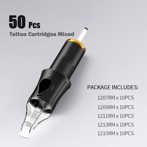 50 12RM Mixed Tattoo Cartridge Needles - 10Pcs each of 7RM, 9RM, 11RM, 13RM, 15RM,Sturdy and Durable Design Sharp Tips, Sterilized and Individually Packaged Compatible with Tattoo Pens - Image 2