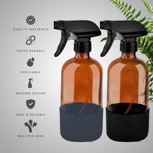 16oz Empty Glass Spray Bottle with Silicone Sleeve Protection - Refillable Containers for Cleaning Solutions, Essential Oils, Misting Plants - Including 3 Sprayers (Amber, 2 PACK) - Image 6