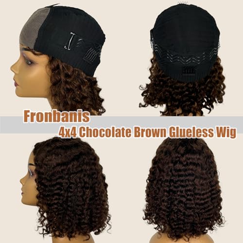 Chocolate Brown Glueless Wigs Human Hair Pre Plucked Pre Cut 180% Density Closure Wigs Human Hair Bob Wig Curly Human Hair Wig Wear and Go Glueless Wig for Women 12 Inches - Image 2