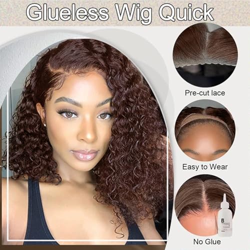 Chocolate Brown Glueless Wigs Human Hair Pre Plucked Pre Cut 180% Density Closure Wigs Human Hair Bob Wig Curly Human Hair Wig Wear and Go Glueless Wig for Women 12 Inches - Image 3