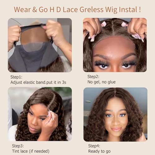 Chocolate Brown Glueless Wigs Human Hair Pre Plucked Pre Cut 180% Density Closure Wigs Human Hair Bob Wig Curly Human Hair Wig Wear and Go Glueless Wig for Women 12 Inches - Image 6