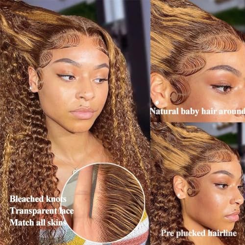 QNQZ Wear and Go Glueless Wigs Human Hair Pre Plucked Pre Cut Ombre Highlight Curly Wig Human Hair for Women 180% Density 13x4 HD Lace Front Wigs Human Hair 3S Ready to Wear for Beginners 16 Inch - Image 2