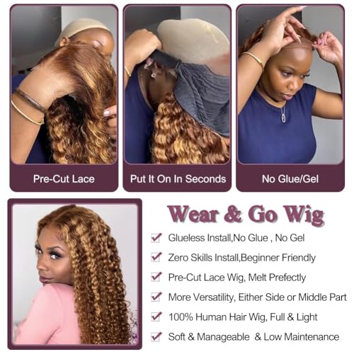 QNQZ Wear and Go Glueless Wigs Human Hair Pre Plucked Pre Cut Ombre Highlight Curly Wig Human Hair for Women 180% Density 13x4 HD Lace Front Wigs Human Hair 3S Ready to Wear for Beginners 16 Inch - Image 3