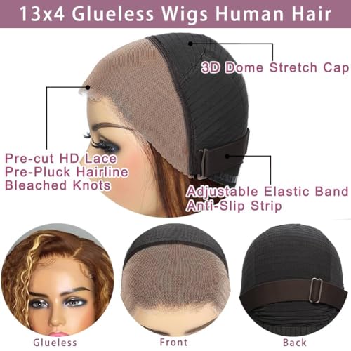 QNQZ Wear and Go Glueless Wigs Human Hair Pre Plucked Pre Cut Ombre Highlight Curly Wig Human Hair for Women 180% Density 13x4 HD Lace Front Wigs Human Hair 3S Ready to Wear for Beginners 16 Inch - Image 5