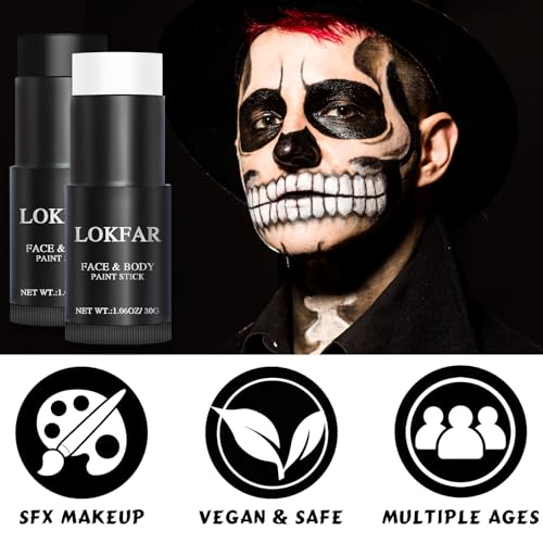 Black and White Face Paint Halloween Makeup Kit Professional, White Foundation Makeup Eye Black Stick, Black White Face Makeup for Halloween Zombie Clown Vampire Skeleton Skull Joker Makeup - Image 3