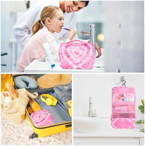 Kids Hanging Toiletry Bag for Girls, Travel Toiletry Bag for Teen Girls Cosmetic Makeup Waterproof Wash Bag Traveling Toiletries, Tie Dye Pink Heart - Image 6
