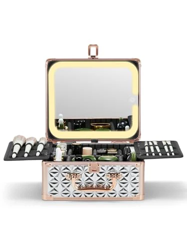 Qislee Makeup Box with A Detachable Lighted Mirror, Waterproof Travel Train Case, Cosmetic Organizer and Makeup Suitcase with Adjustable Dividers, Magnetic LED Mirror(Sparkling Silver)