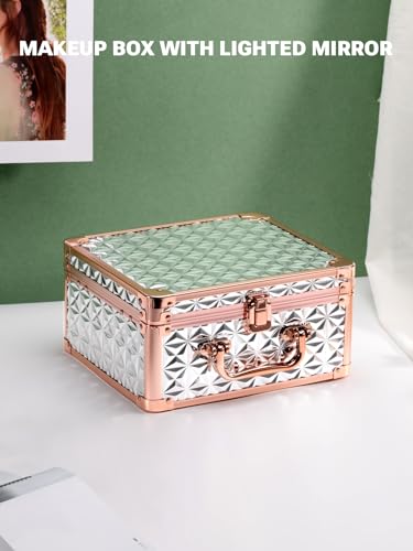 Qislee Makeup Box with A Detachable Lighted Mirror, Waterproof Travel Train Case, Cosmetic Organizer and Makeup Suitcase with Adjustable Dividers, Magnetic LED Mirror(Sparkling Silver) - Image 6