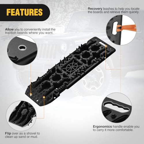 Nilight Recovery Off-Road Traction Boards with Jack Lift Base Emergency Tire Ladder Mats for 4WD 4X4 Mud Sand Snow with 2PCS Mounting kit Carry Bag 2 leashes (Black) - Image 5
