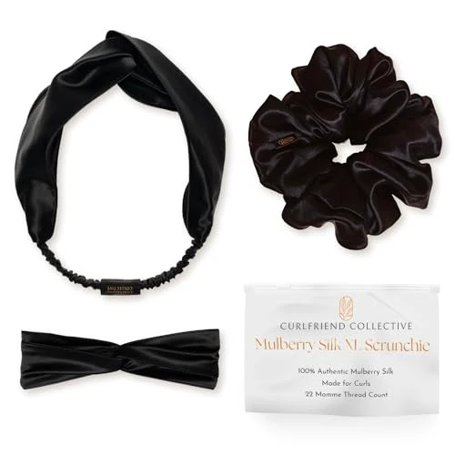 Real Mulberry Silk Scrunchie & Headband Bundle | Extra Large Silk Scrunchie & Elastic Silky Head Band for Thick, Curly Hair | (Onyx Black)